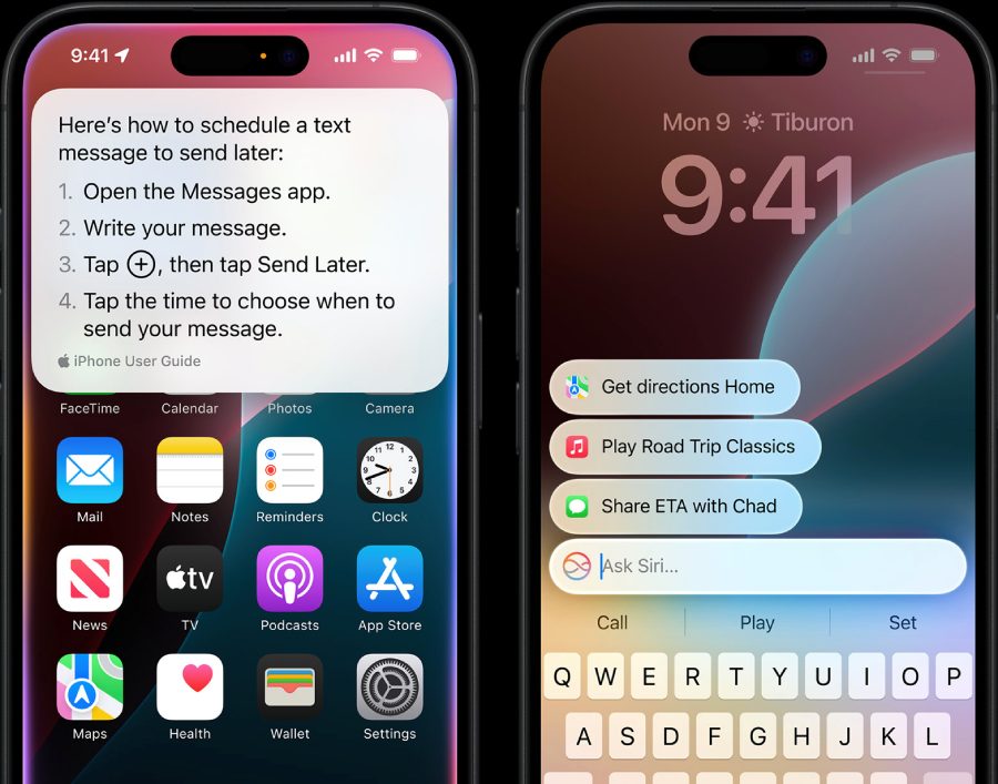 iPhone screenshots showing how to schedule a text message using the Messages app and Siri shortcuts for directions, music, and ETA sharing on iOS.